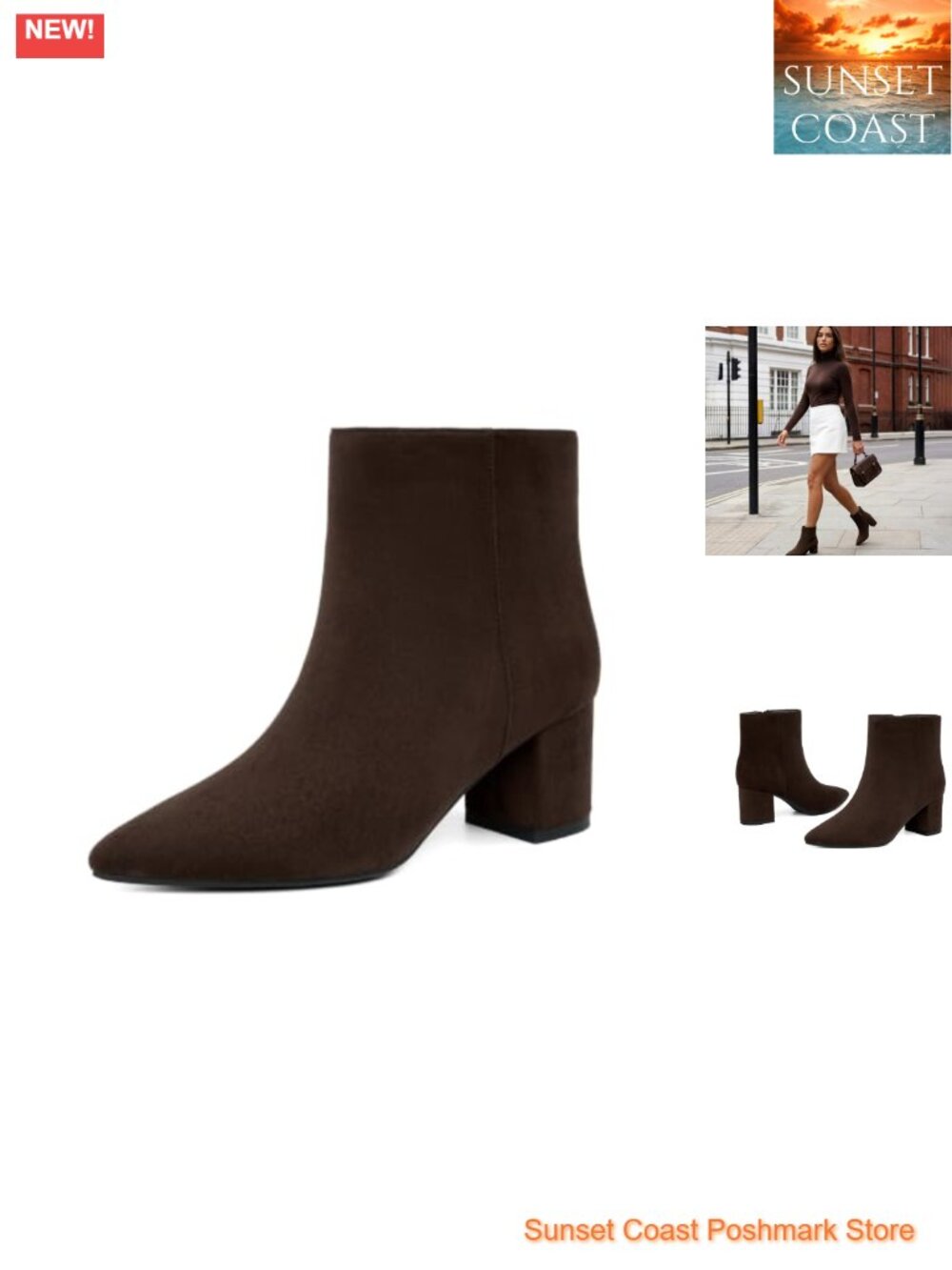 Faux Suede Pointed Toe Ankle Boots with Chunky Low Heel